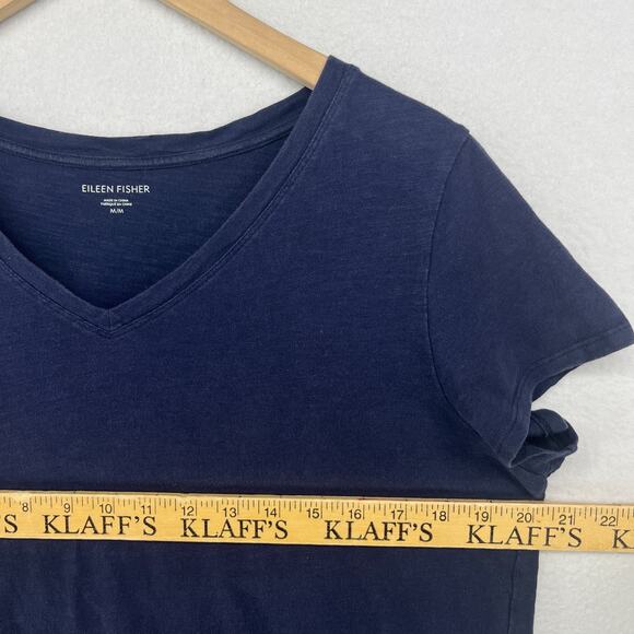 EILEEN FISHER Top M Slub Organic Cotton Jersey V-Neck Short Sleeve Blue - Picture 9 of 11